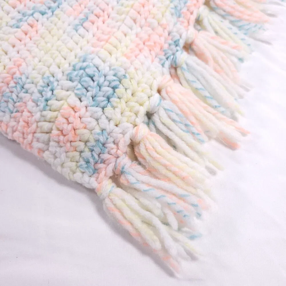 Vintage Handmade Afghan Blanket Crochet Knit 36x48 Pink Blue White